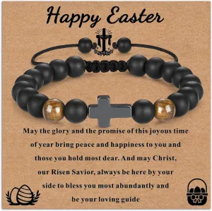 Easter Gift for Kids, Easter Basket Stuffers for Boys, Cross Black Bead Rope Bracelets Jewelry Gift for Son Grandson Christian