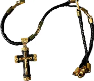 Elegant Handcrafted Rosary with Ornate Golden Crosses, 14K Gold Plated Crucifix Cross Necklace, Handmade Leather Braided Rope Jesus Cross Pendant Necklace, Christ Religion Jewelry for Men Women
