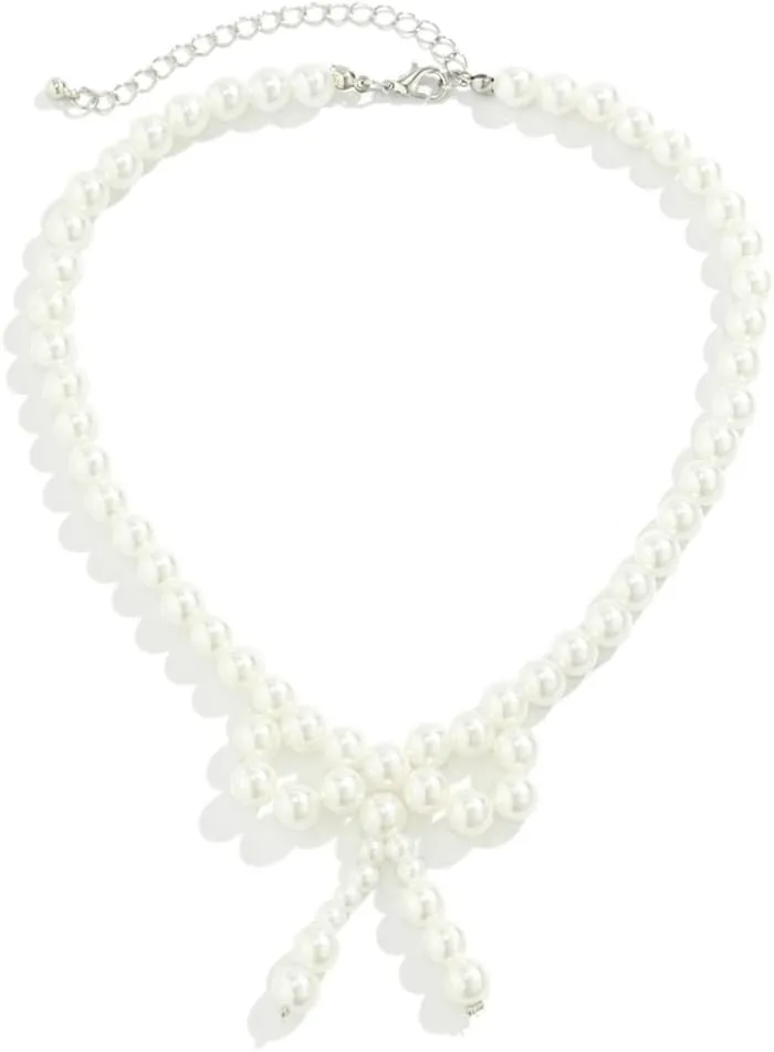 Elegant Imitation Pearl Necklace Bowknot Pendant Clavicle Chain Adjustable Length Choker for Wedding Party Jewelry