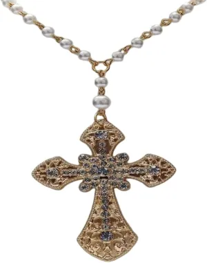 Elegant Victorian Imitation Pearl Choker Rosary Necklace Large Statement Gothic Grunge Handmade Crystal Cross Jewelry