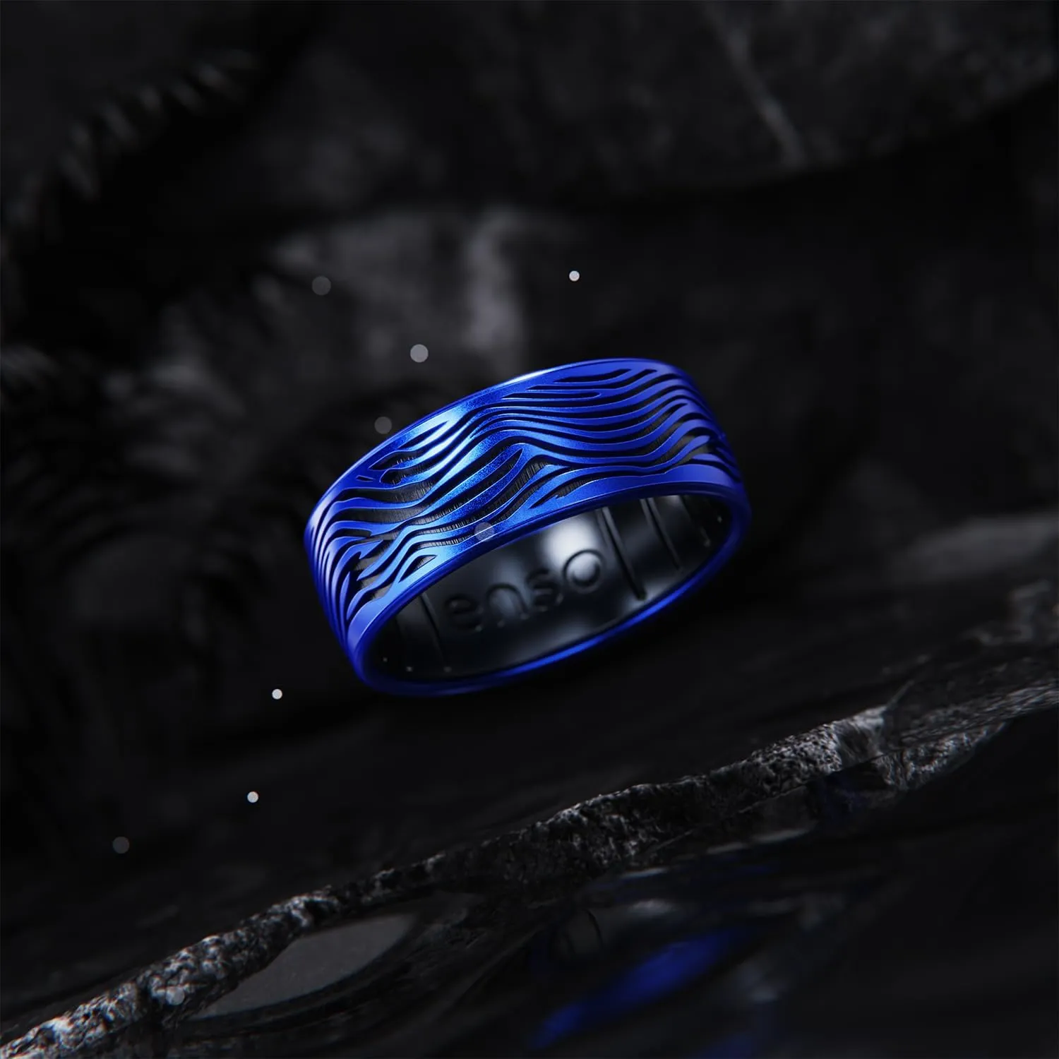 Enso Rings Etched Classic Silicone Rings - Natural Forces Collection - Comfortable and Flexible Design - Stormy Sea - Sapphire/Black Pearl - Size 11