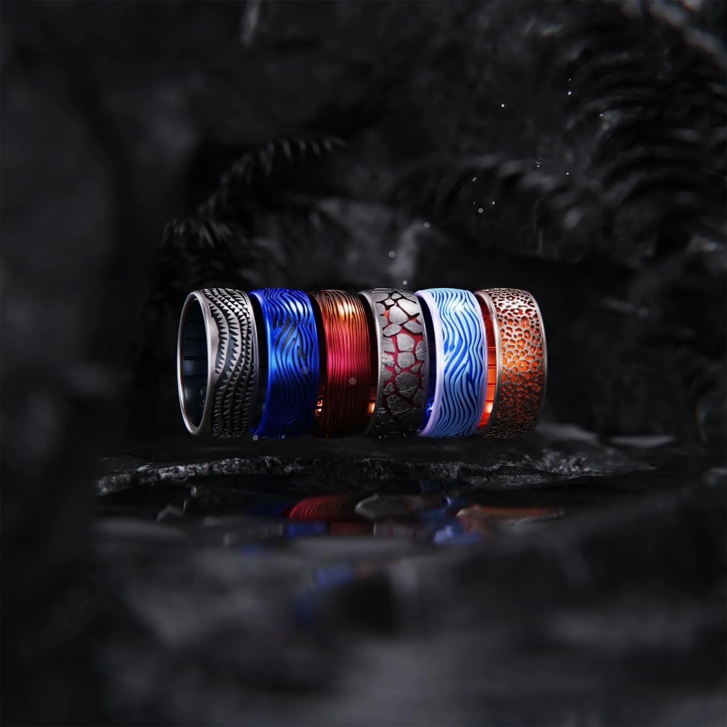 Enso Rings Etched Classic Silicone Rings - Natural Forces Collection - Comfortable and Flexible Design - Stormy Sea - Sapphire/Black Pearl - Size 11