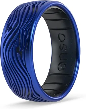 Enso Rings Etched Classic Silicone Rings - Natural Forces Collection - Comfortable and Flexible Design - Stormy Sea - Sapphire/Black Pearl - Size 11