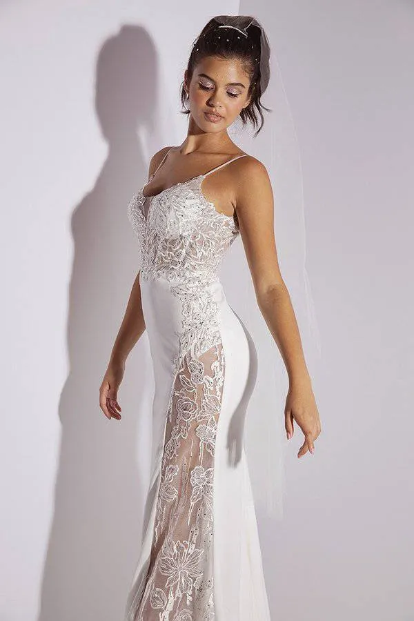 Eureka 9889 Stunning Sheer & Lace Slit Leg Dress | Black | Off White | Emerald | Red