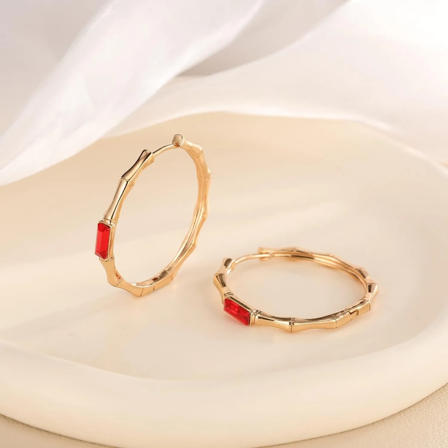 EVEVIC Austrian Crystal Lightweight Bamboo Gold Hoop Earrings for Women 14K Rose Gold Plated Hypoallergenic Earring Jewelry Gift