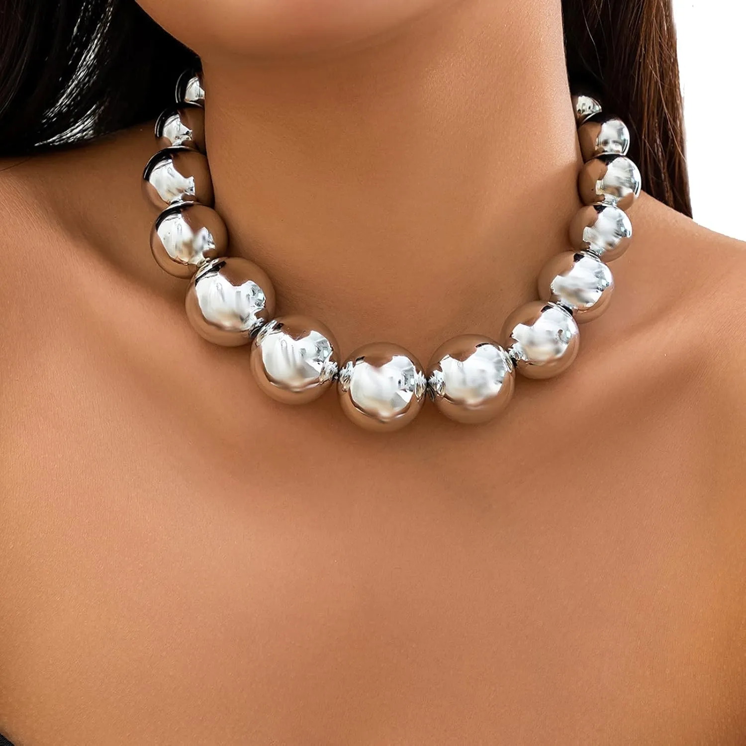 Exaggerated Multi Layered Metal Beaed Choker Necklaces Punk Big Ball Clavicle Chain Necklace Gothic Neck Jewelry Statement Collar Body Chain Necklace for Women