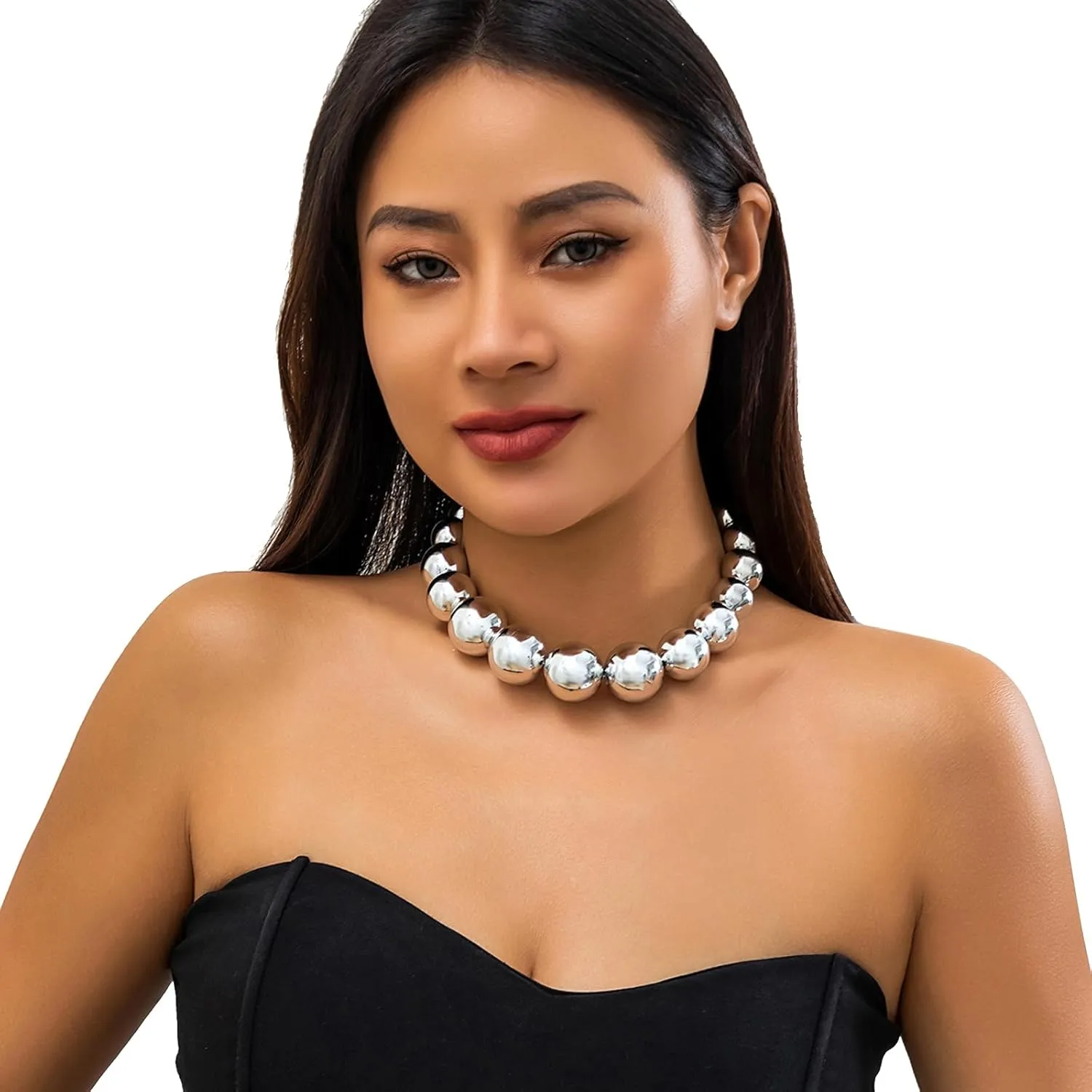 Exaggerated Multi Layered Metal Beaed Choker Necklaces Punk Big Ball Clavicle Chain Necklace Gothic Neck Jewelry Statement Collar Body Chain Necklace for Women