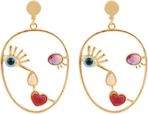 Face Shaped Earrings Geometric Earrings Abstract Alloy Hollowed Vintage Earrings Fashion Jewerly Face Pendant Dangle Drop Ear Studs Earrings for Women