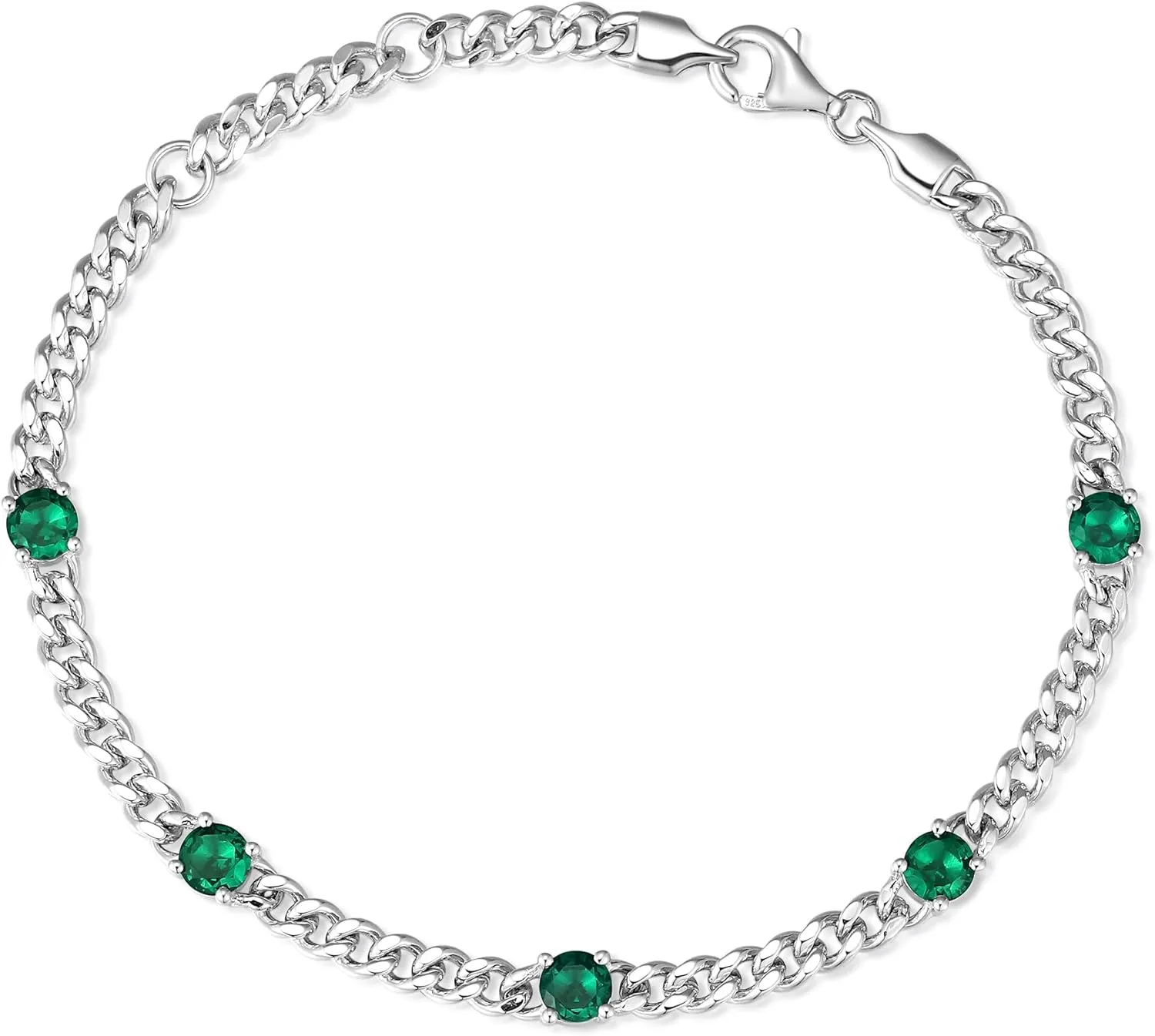 FANCIME Sterling Silver 3.6mm Cuban Chain Necklace Bracelet May Birthstone Necklace with 4.5mm Round Created Emerald Fine Jewelry for Women
