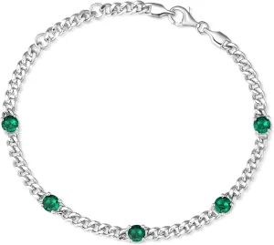 FANCIME Sterling Silver 3.6mm Cuban Chain Necklace Bracelet May Birthstone Necklace with 4.5mm Round Created Emerald Fine Jewelry for Women