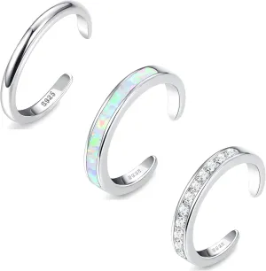 FASACCO Sterling Silver Toe Rings for Women - CZ Band Opal Rings, Adjustable, Summer Beach Open Toe Foot Jewelry
