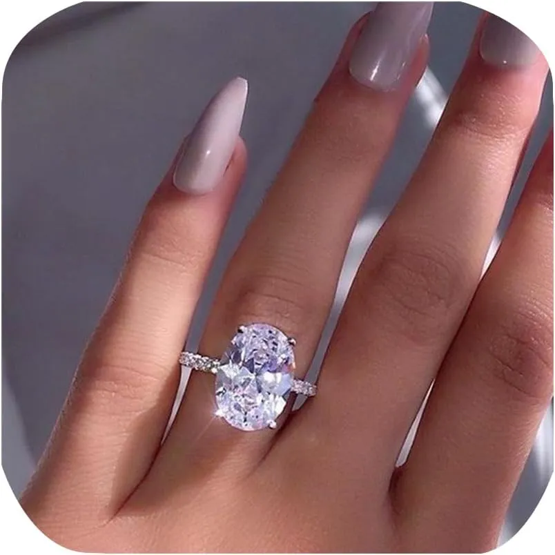Fashion Classic Oval Cut Cubic Zirconia Engagement Promise Ring 925 Sterling Silver Wedding Band Halo CZ Solitaire 4CT Simulated Diamond Bridal Anniversary Princess Ring Gift for Women Size 10