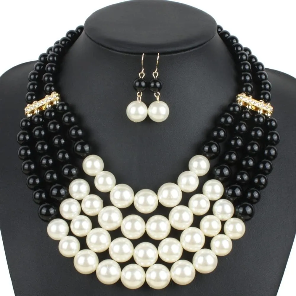 Fashionable and exaggerated multilayer multicolor Imitation pearl choker Drop Dangle Earring jewelry set Bridal necklace Dress Accessories for Women's and girls gifts(Six color optional)