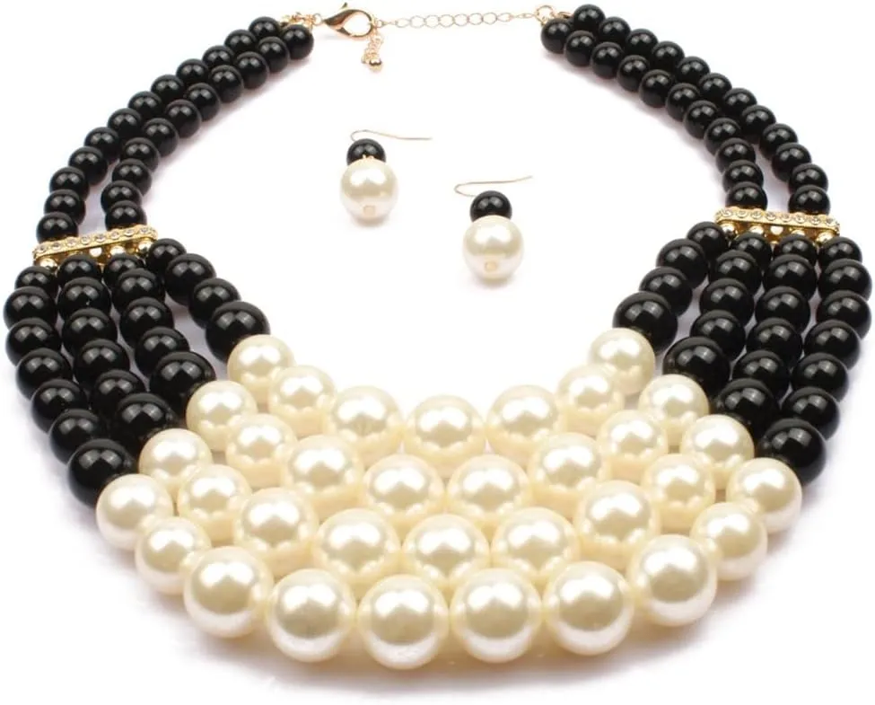 Fashionable and exaggerated multilayer multicolor Imitation pearl choker Drop Dangle Earring jewelry set Bridal necklace Dress Accessories for Women's and girls gifts(Six color optional)