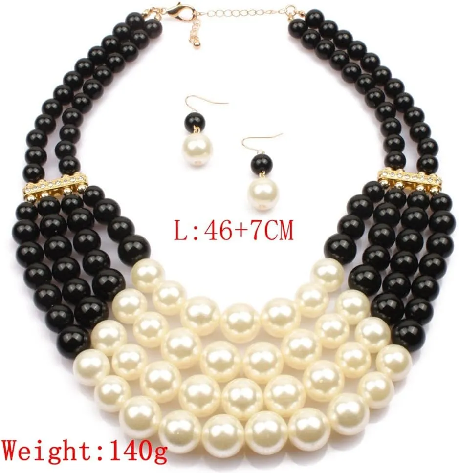 Fashionable and exaggerated multilayer multicolor Imitation pearl choker Drop Dangle Earring jewelry set Bridal necklace Dress Accessories for Women's and girls gifts(Six color optional)