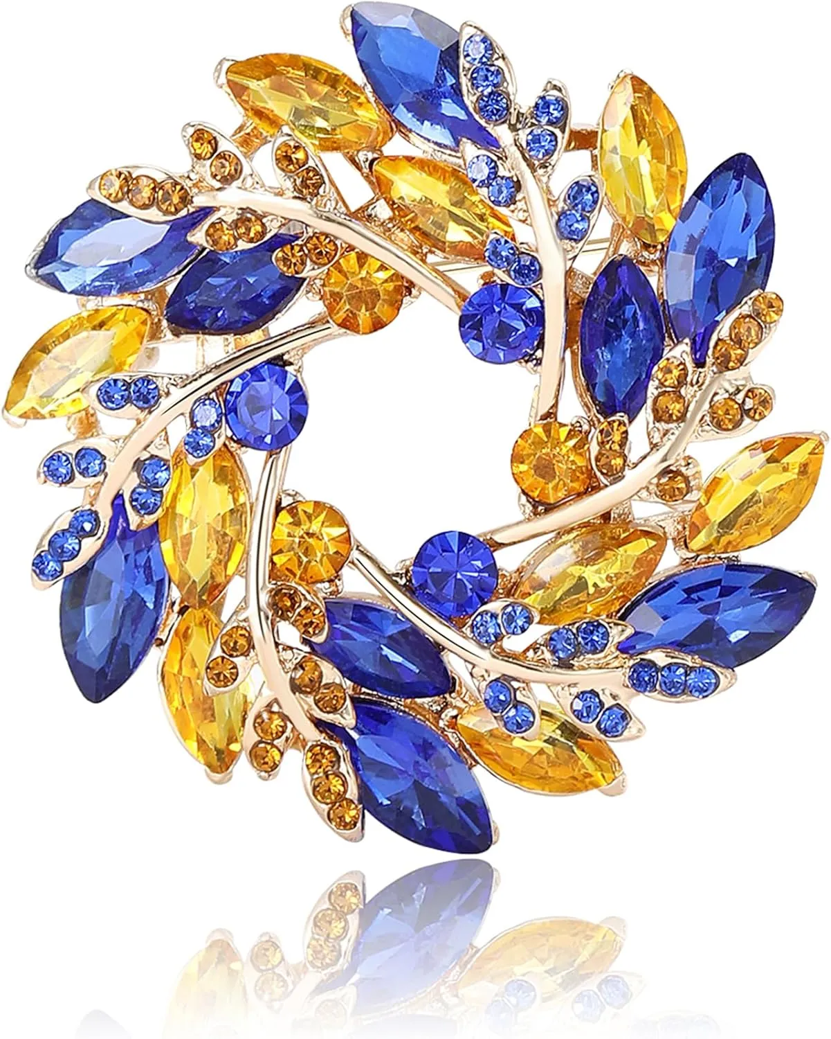 Fashionable Rhinestone Wreath Brooch for Women Ukrainian Blue and Yellow Wheat Ear Brooch Dress Suit Pin Accessories Party Banquet Gift