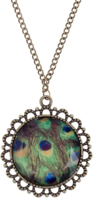 Fashionable Vintage Style Bronze Colored Sweater Necklace With Pendant of Ornamented Mounting And Peacock Feathers Design/Pattern Stone On Long Chain By VAGA