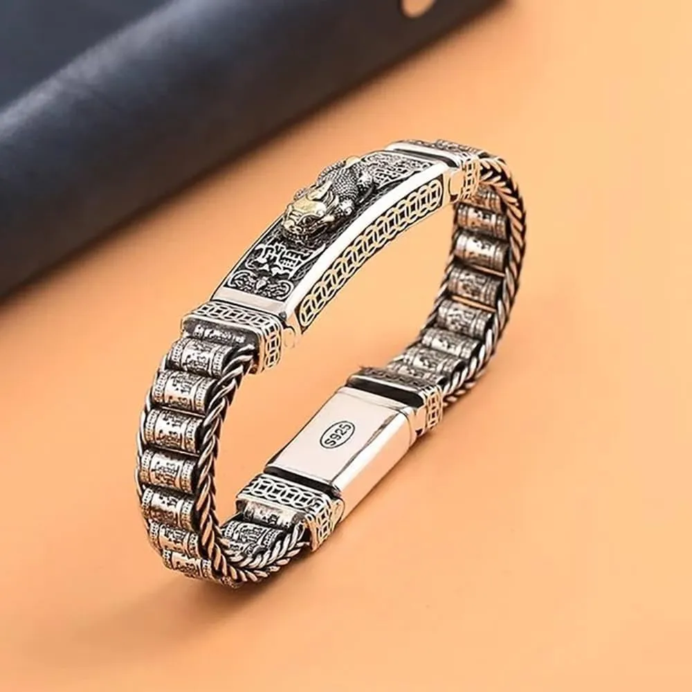 Feng Shui Pi Xiu Bracelet, Tibetan Buddhist Wealth Luck Happiness Lucky Bracelet, Neo Chinese Style Vintage Pi Xiu Bracelets Bring Prosperity, Retro Sterling Silver Bracelets