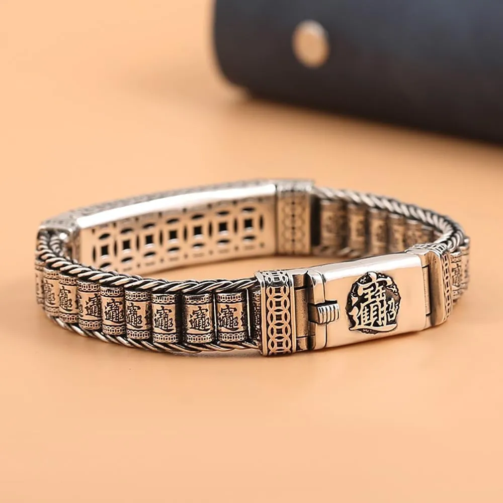 Feng Shui Pi Xiu Bracelet, Tibetan Buddhist Wealth Luck Happiness Lucky Bracelet, Neo Chinese Style Vintage Pi Xiu Bracelets Bring Prosperity, Retro Sterling Silver Bracelets