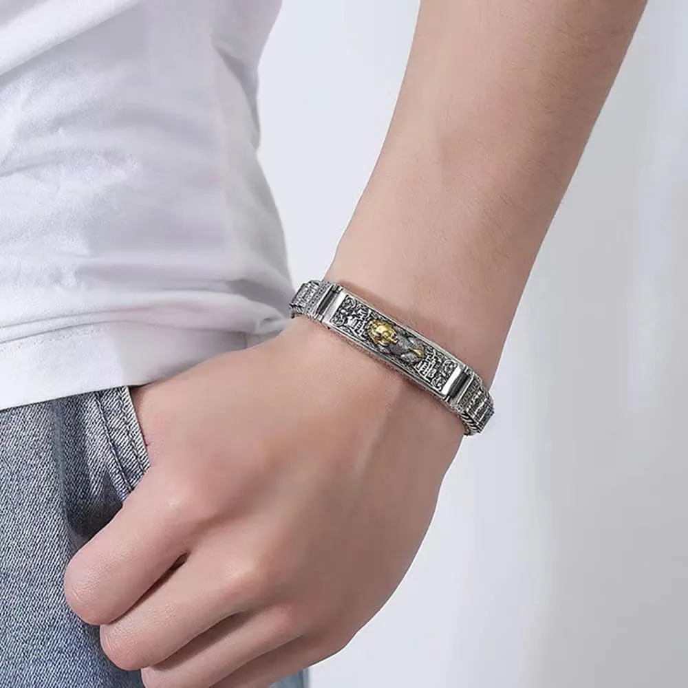 Feng Shui Pi Xiu Bracelet, Tibetan Buddhist Wealth Luck Happiness Lucky Bracelet, Neo Chinese Style Vintage Pi Xiu Bracelets Bring Prosperity, Retro Sterling Silver Bracelets
