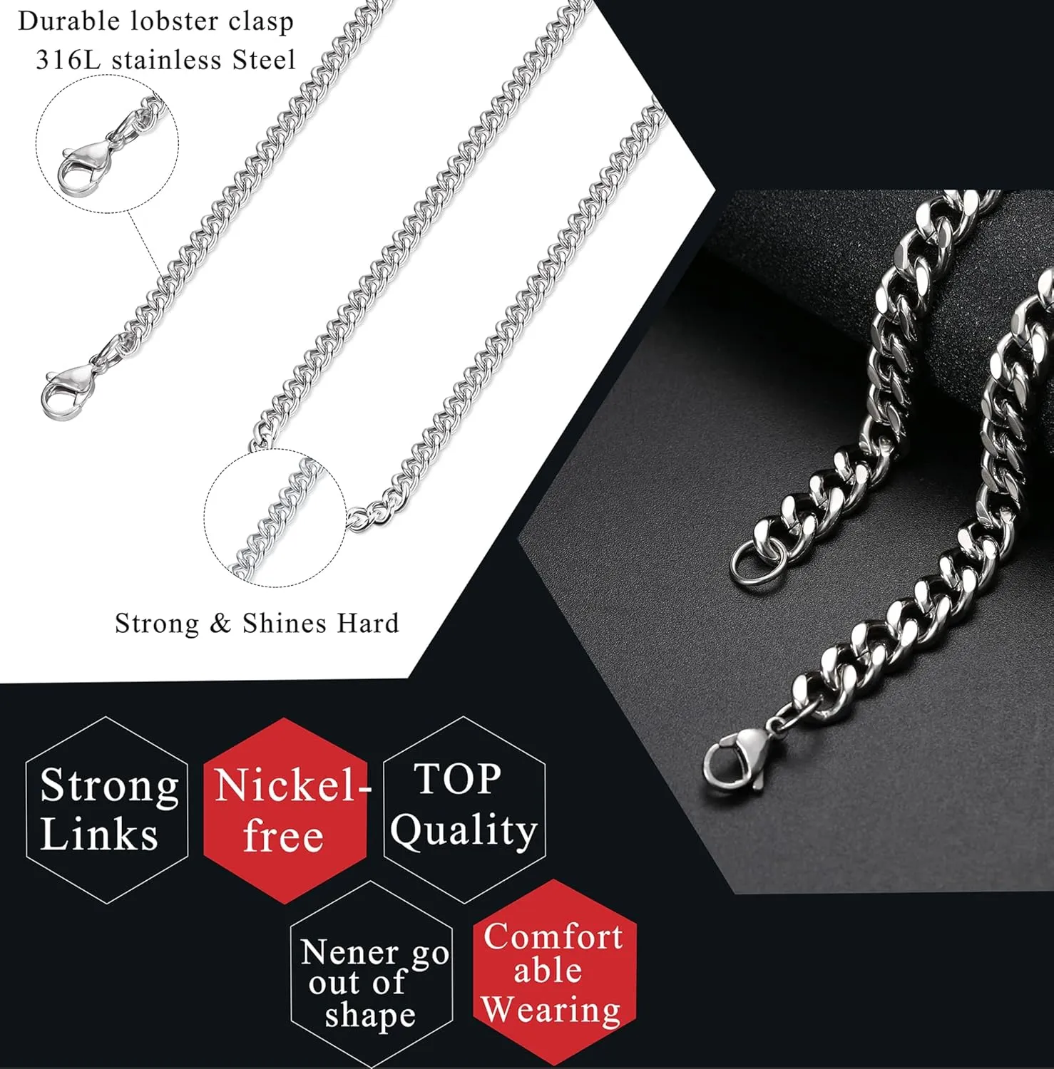 FIBO STEEL 3.5-10mm Stainless Steel Cuban Necklace Mens Women Curb Link Chain, 16-30 inches