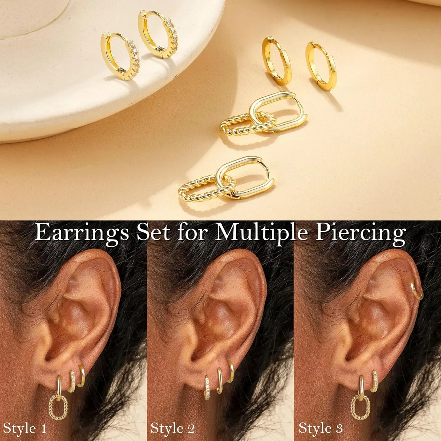 FIBO STEEL Gold Hoop Earring Sets for Women 14K Gold Plated Hoop Stud Earrings for Multiple Piercing Chunky Gold Huggie Hoop Earrings Stack Hypoallergenic Dangle Cartilage Piercing Jewelry 3Pairs