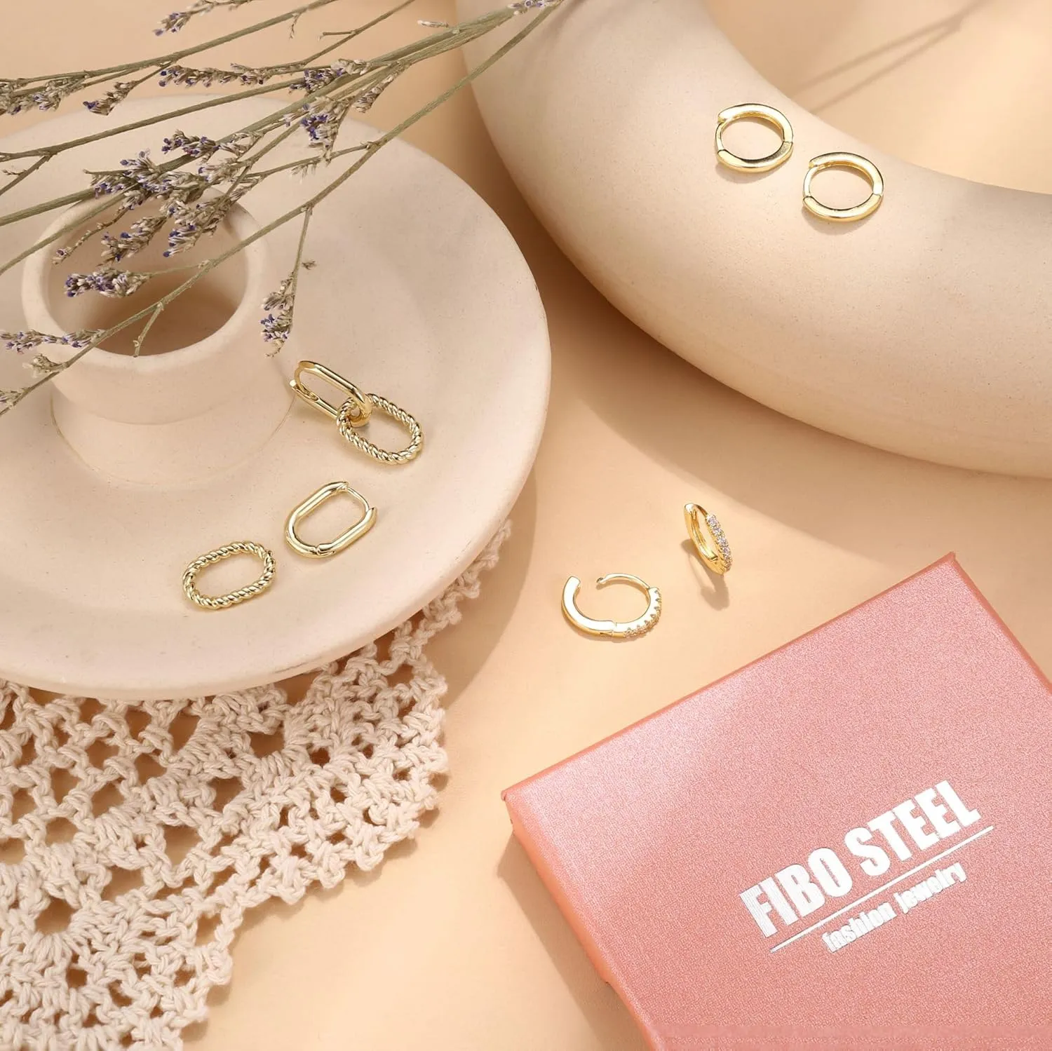 FIBO STEEL Gold Hoop Earring Sets for Women 14K Gold Plated Hoop Stud Earrings for Multiple Piercing Chunky Gold Huggie Hoop Earrings Stack Hypoallergenic Dangle Cartilage Piercing Jewelry 3Pairs