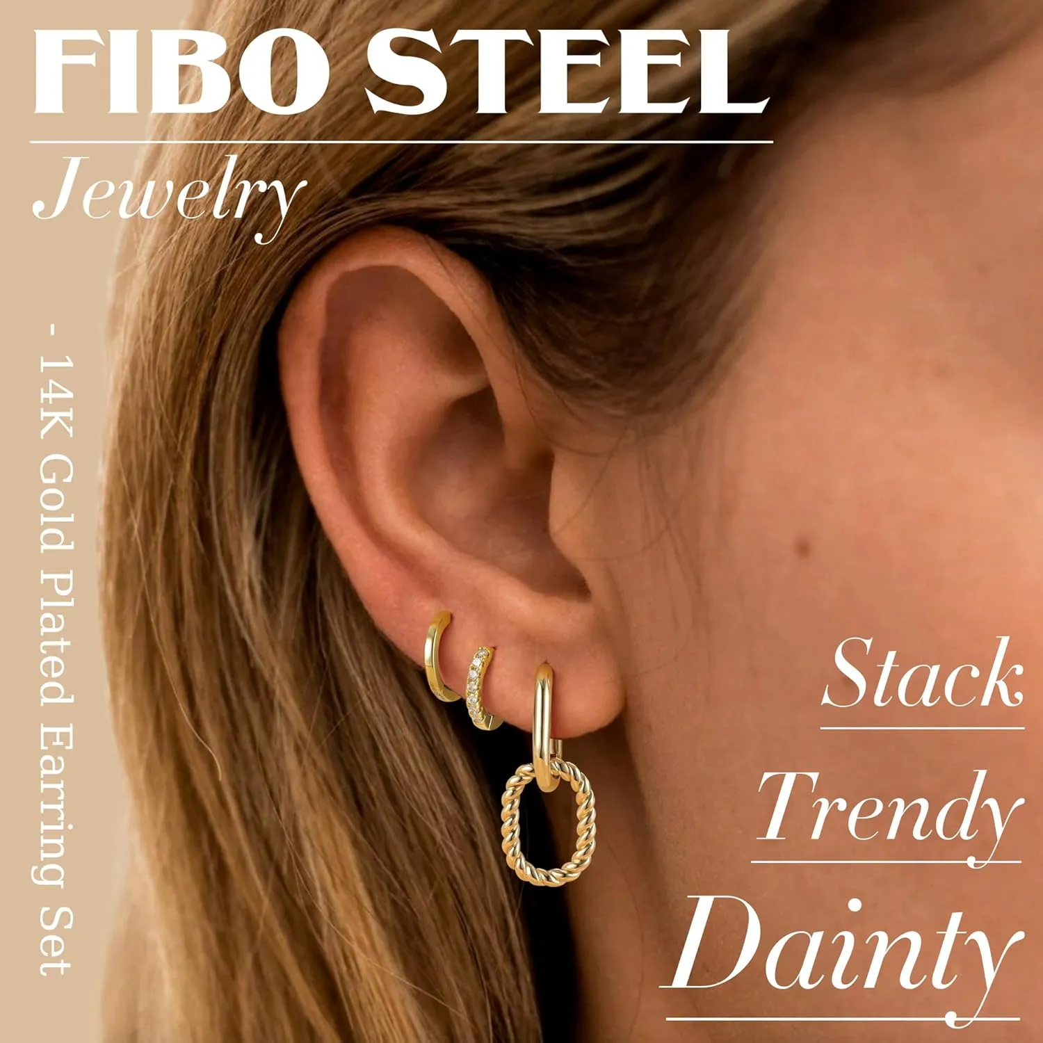 FIBO STEEL Gold Hoop Earring Sets for Women 14K Gold Plated Hoop Stud Earrings for Multiple Piercing Chunky Gold Huggie Hoop Earrings Stack Hypoallergenic Dangle Cartilage Piercing Jewelry 3Pairs