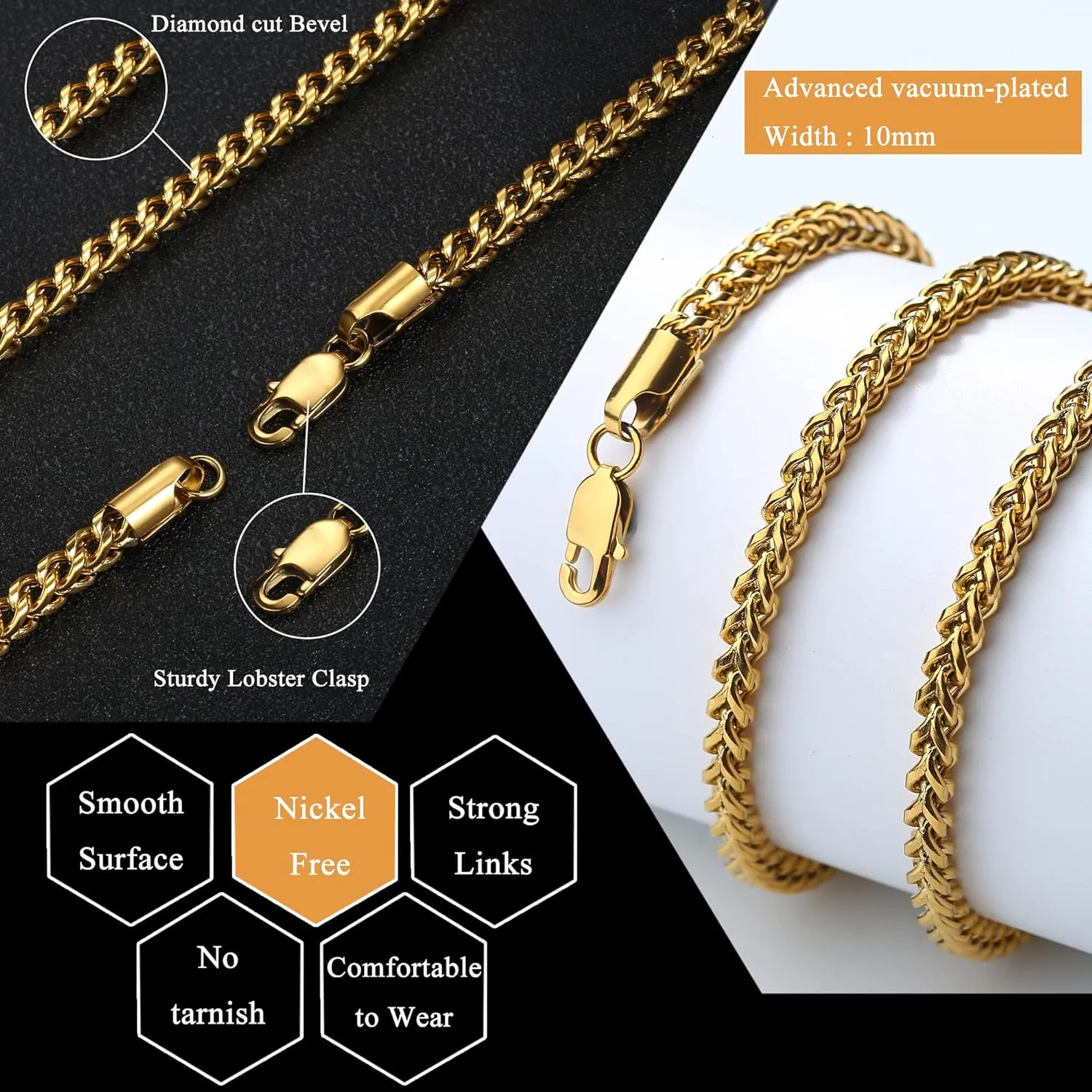FIBO STEEL Stainless Steel Wheat Chain Necklace for Men Necklace Bracelet Jewelry Set 5mm in Width, 22" 8.5"