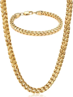 FIBO STEEL Stainless Steel Wheat Chain Necklace for Men Necklace Bracelet Jewelry Set 5mm in Width, 22" 8.5"
