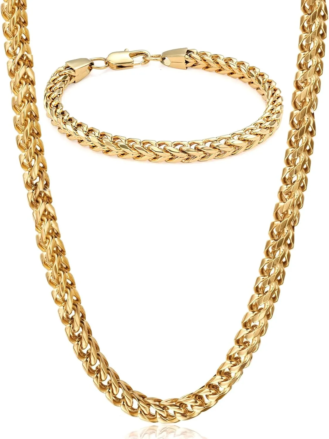 FIBO STEEL Stainless Steel Wheat Chain Necklace for Men Necklace Bracelet Jewelry Set 5mm in Width, 22" 8.5"