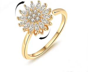Fidget Ring Sunflower Ring for Women Gold Anxiety Crystal Rings Cubic Zirconia Sunflower Ring Open Adjustable Fidget Ring Spinner Sun Ring for Men Trendy Jewelry