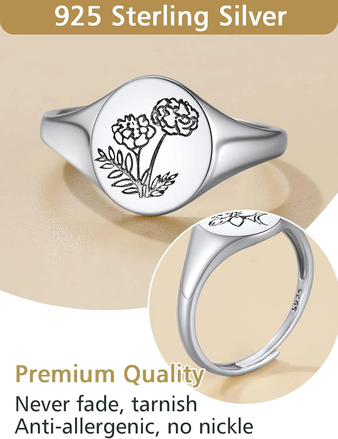 FindChic 925 Sterling Silver Birth Flower Signet Ring Adjustable Size 6 to 11 Round Medal Floral Stamped Jewelry Gift for Mom Daughter, with Gift Box