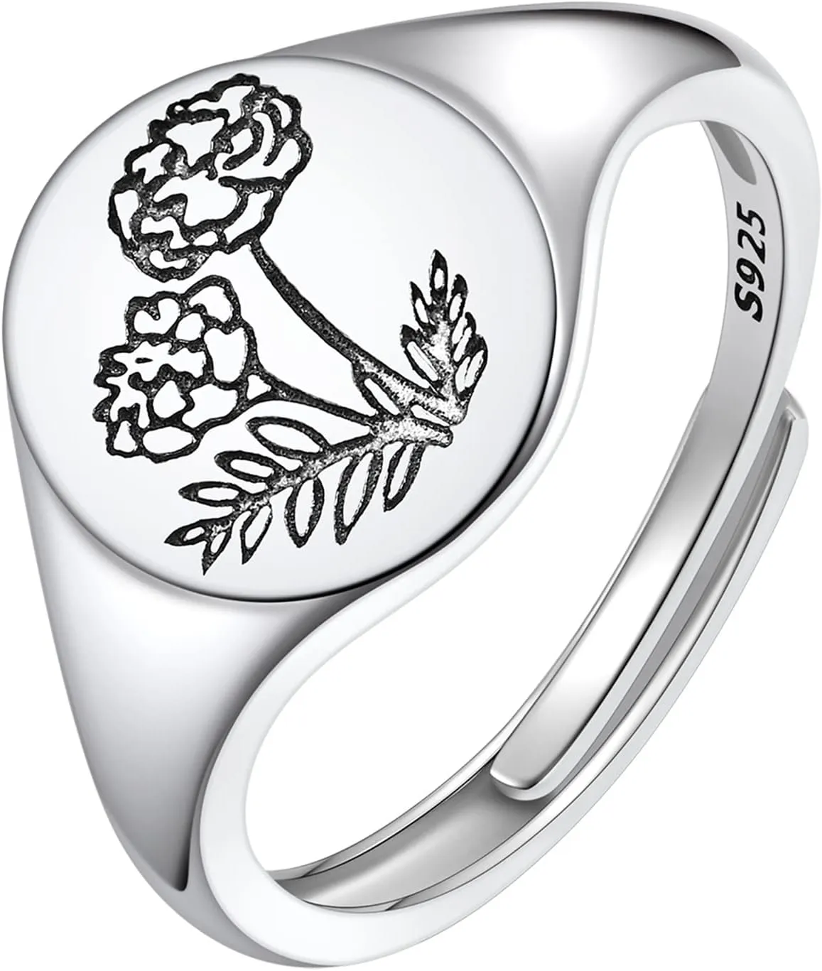 FindChic 925 Sterling Silver Birth Flower Signet Ring Adjustable Size 6 to 11 Round Medal Floral Stamped Jewelry Gift for Mom Daughter, with Gift Box