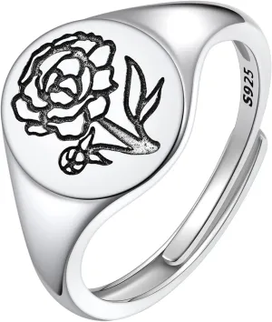 FindChic 925 Sterling Silver Birth Flower Signet Ring Adjustable Size 6 to 11 Round Medal Floral Stamped Jewelry Gift for Mom Daughter, with Gift Box