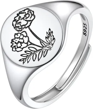 FindChic 925 Sterling Silver Birth Flower Signet Ring Adjustable Size 6 to 11 Round Medal Floral Stamped Jewelry Gift for Mom Daughter, with Gift Box