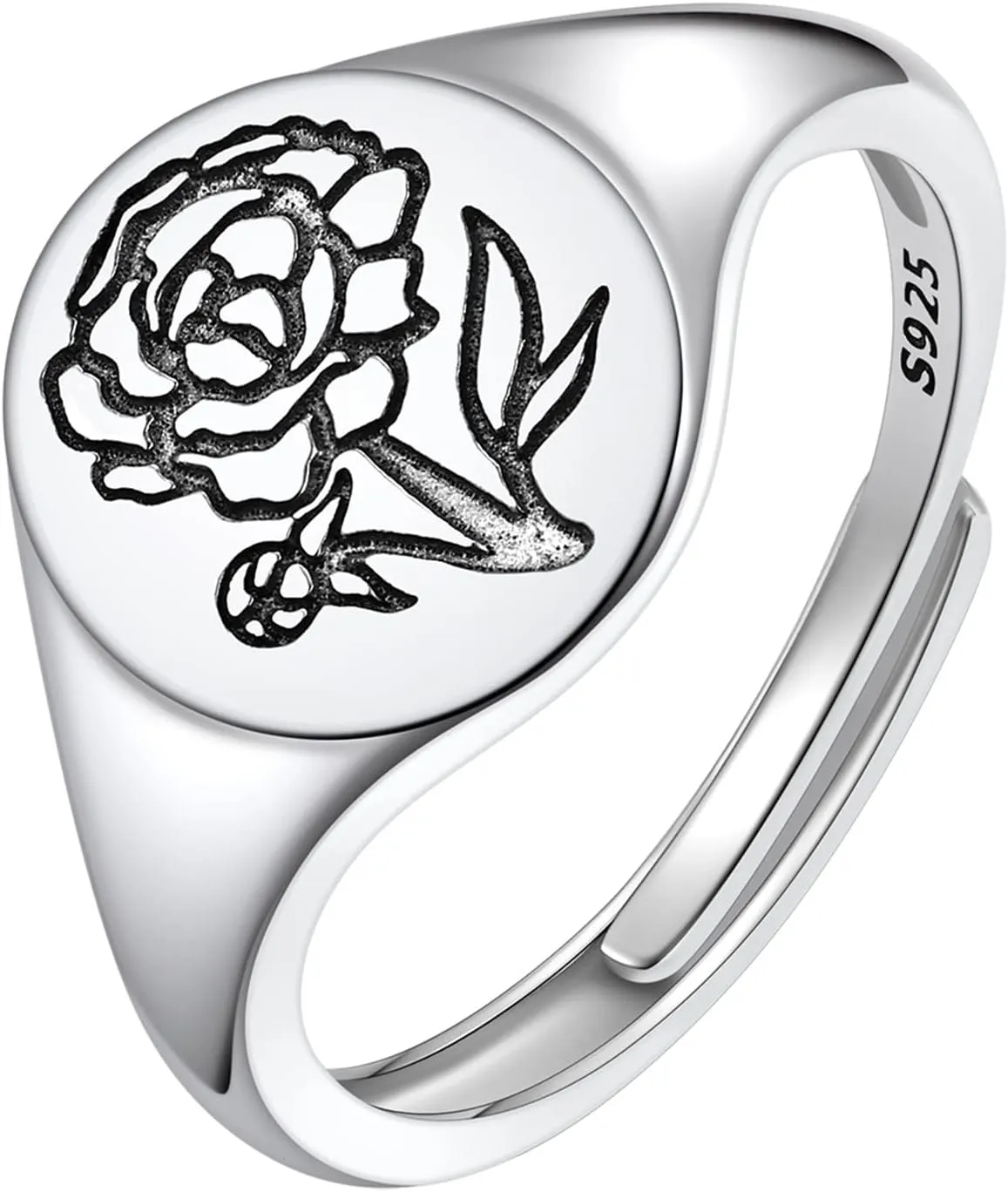 FindChic 925 Sterling Silver Birth Flower Signet Ring Adjustable Size 6 to 11 Round Medal Floral Stamped Jewelry Gift for Mom Daughter, with Gift Box