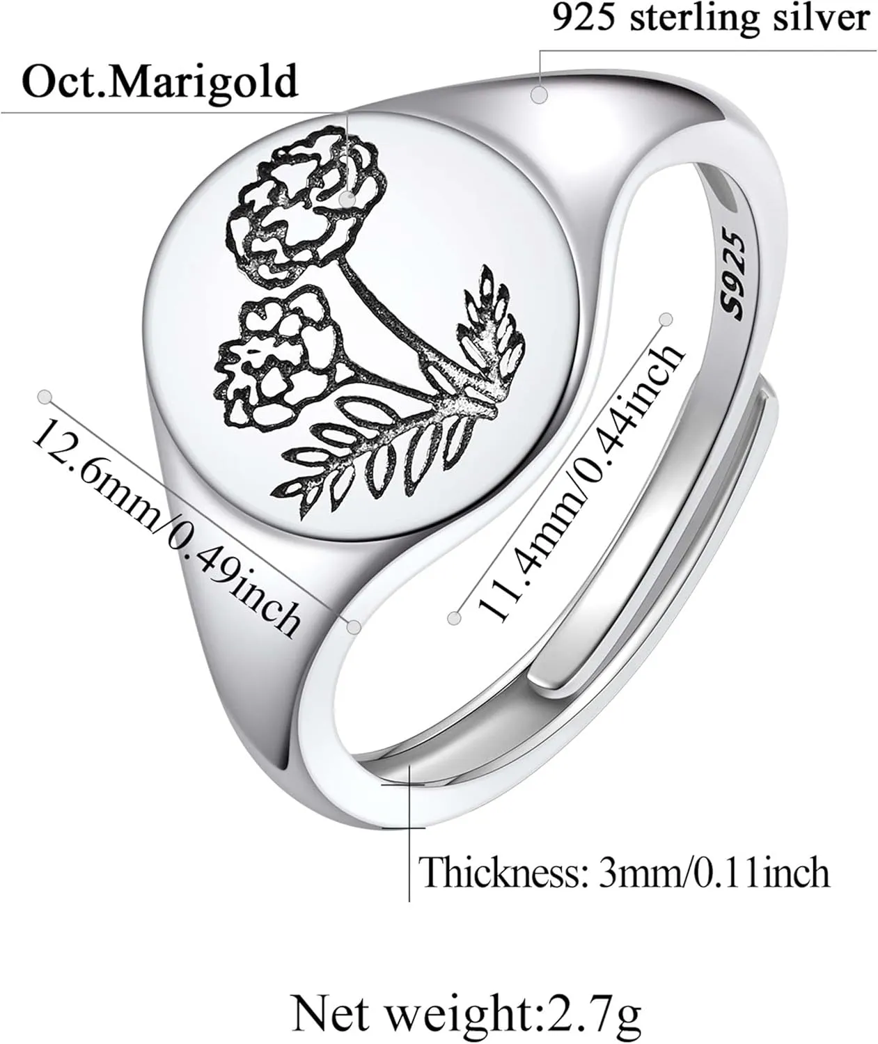 FindChic 925 Sterling Silver Birth Flower Signet Ring Adjustable Size 6 to 11 Round Medal Floral Stamped Jewelry Gift for Mom Daughter, with Gift Box