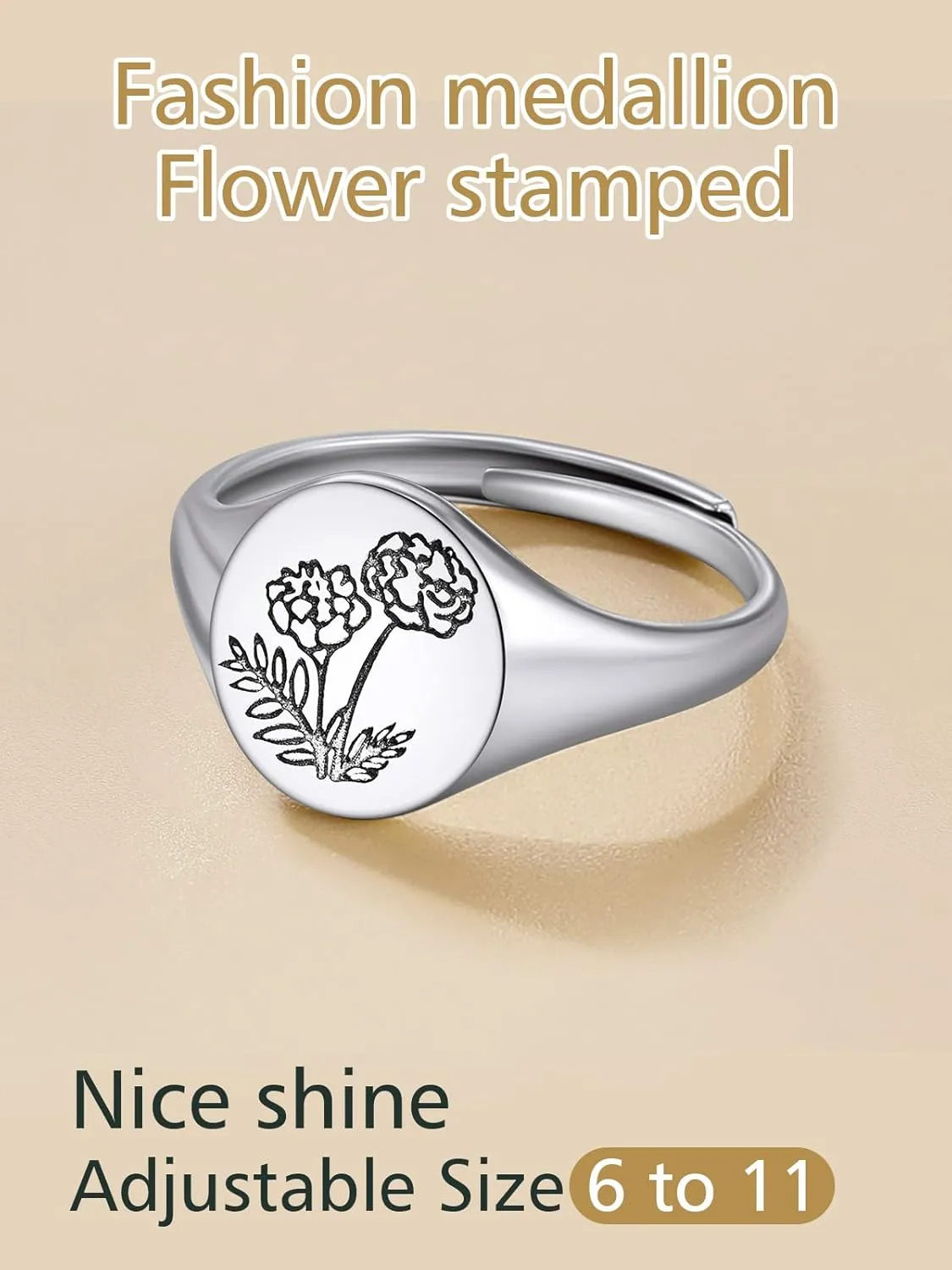 FindChic 925 Sterling Silver Birth Flower Signet Ring Adjustable Size 6 to 11 Round Medal Floral Stamped Jewelry Gift for Mom Daughter, with Gift Box