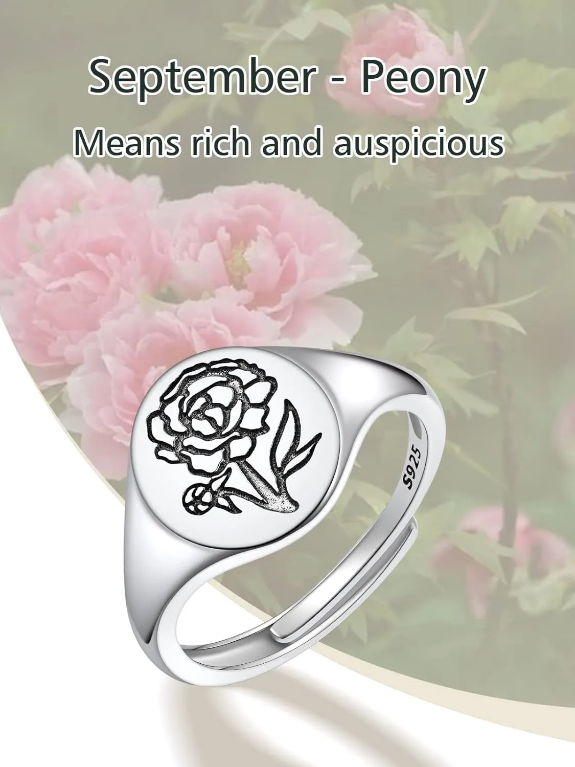 FindChic 925 Sterling Silver Birth Flower Signet Ring Adjustable Size 6 to 11 Round Medal Floral Stamped Jewelry Gift for Mom Daughter, with Gift Box