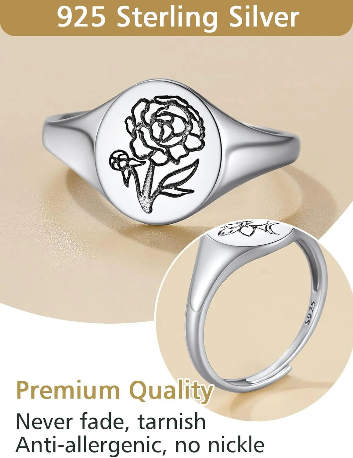 FindChic 925 Sterling Silver Birth Flower Signet Ring Adjustable Size 6 to 11 Round Medal Floral Stamped Jewelry Gift for Mom Daughter, with Gift Box