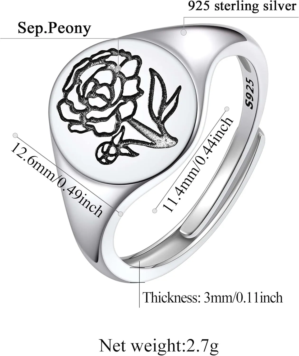 FindChic 925 Sterling Silver Birth Flower Signet Ring Adjustable Size 6 to 11 Round Medal Floral Stamped Jewelry Gift for Mom Daughter, with Gift Box