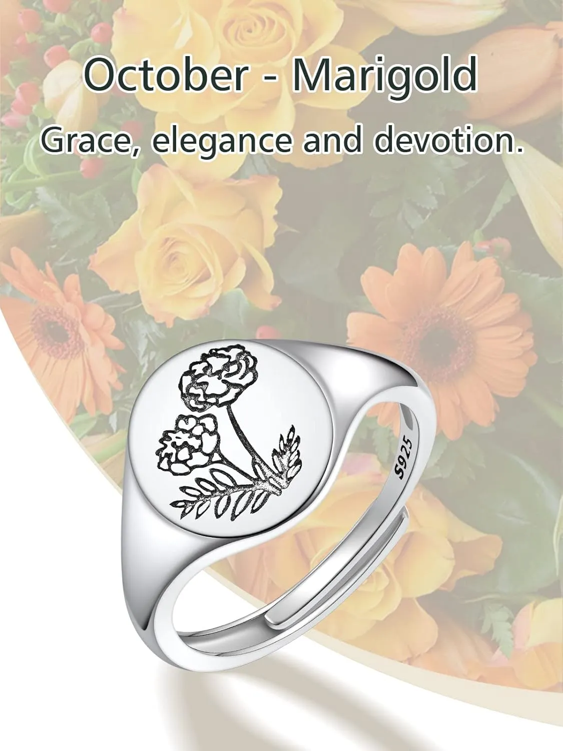 FindChic 925 Sterling Silver Birth Flower Signet Ring Adjustable Size 6 to 11 Round Medal Floral Stamped Jewelry Gift for Mom Daughter, with Gift Box