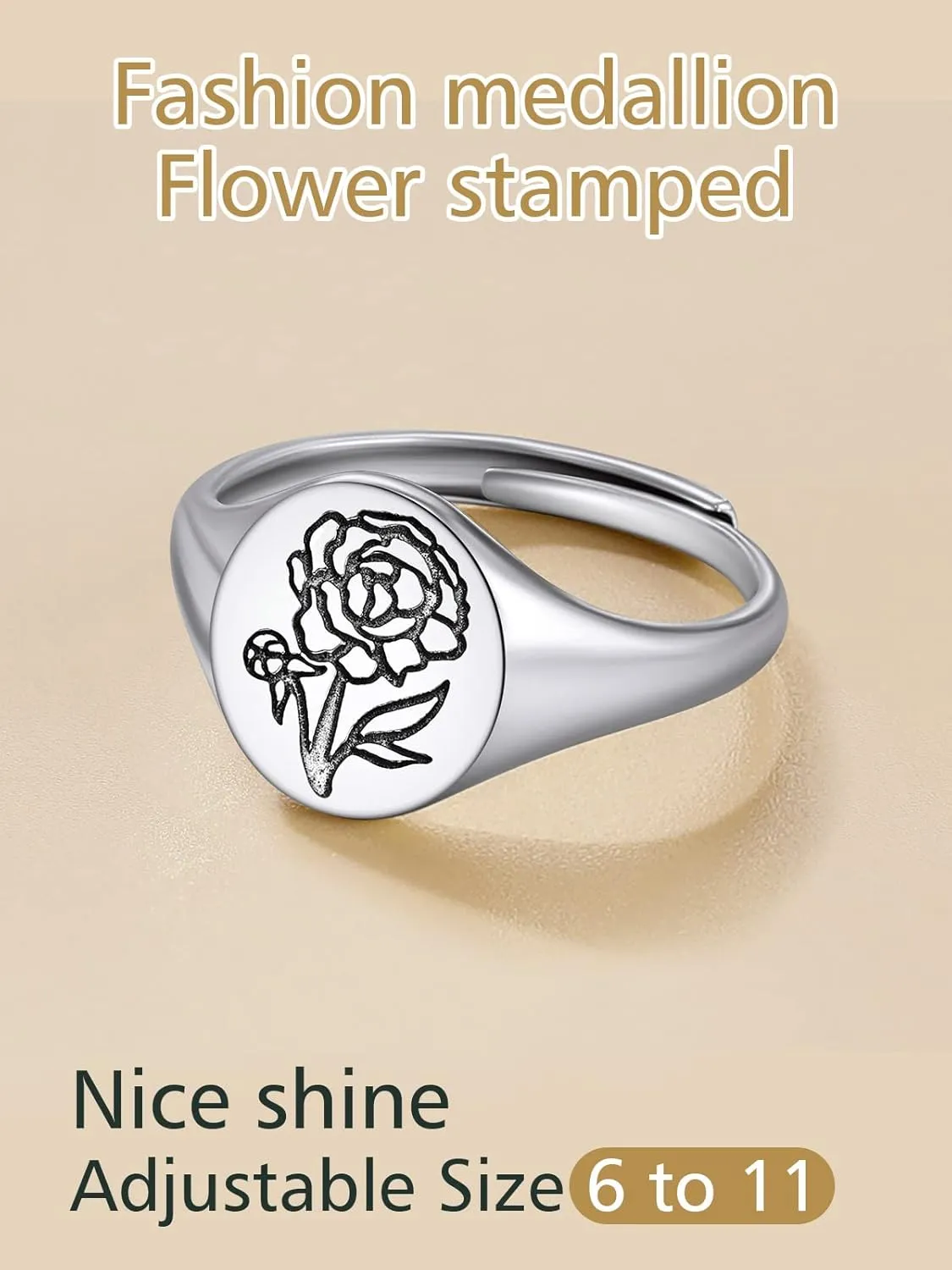 FindChic 925 Sterling Silver Birth Flower Signet Ring Adjustable Size 6 to 11 Round Medal Floral Stamped Jewelry Gift for Mom Daughter, with Gift Box