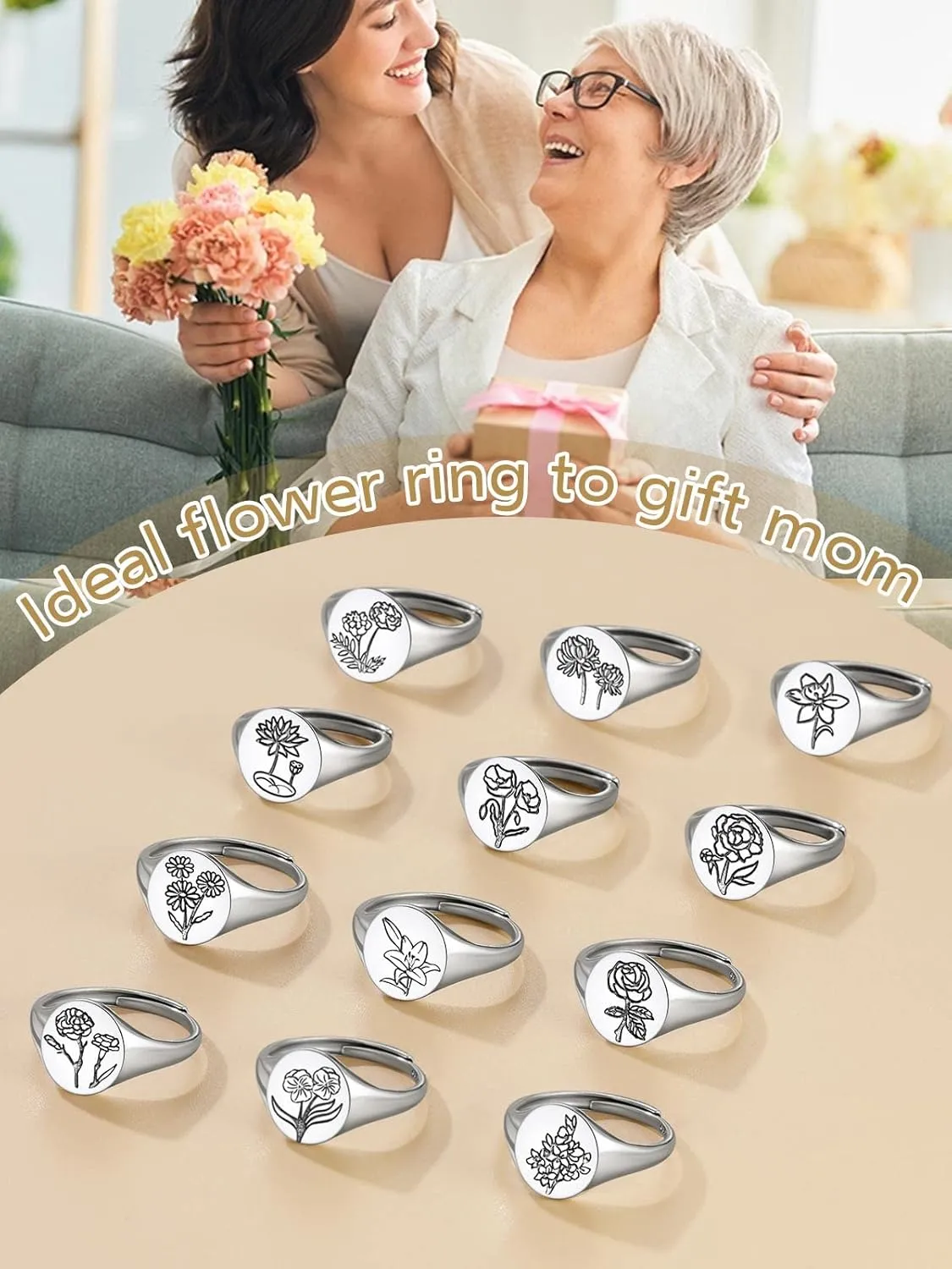 FindChic 925 Sterling Silver Birth Flower Signet Ring Adjustable Size 6 to 11 Round Medal Floral Stamped Jewelry Gift for Mom Daughter, with Gift Box
