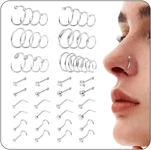 FINREZIO 48 Pcs 20G Nose Rings for Women Men 316L Stainless Steel Hypoallergenic L Shape Nose Studs Nostril Cartilage Lip Tragus Rings - Stylish Body Piercing Jewelry, Comfortable