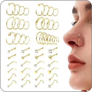 FINREZIO 48 Pcs 20G Nose Rings for Women Men 316L Stainless Steel Hypoallergenic L Shape Nose Studs Nostril Cartilage Lip Tragus Rings - Stylish Body Piercing Jewelry, Comfortable
