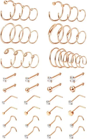 FINREZIO 48 Pcs 20G Nose Rings for Women Men 316L Stainless Steel Hypoallergenic L Shape Nose Studs Nostril Cartilage Lip Tragus Rings - Stylish Body Piercing Jewelry, Comfortable