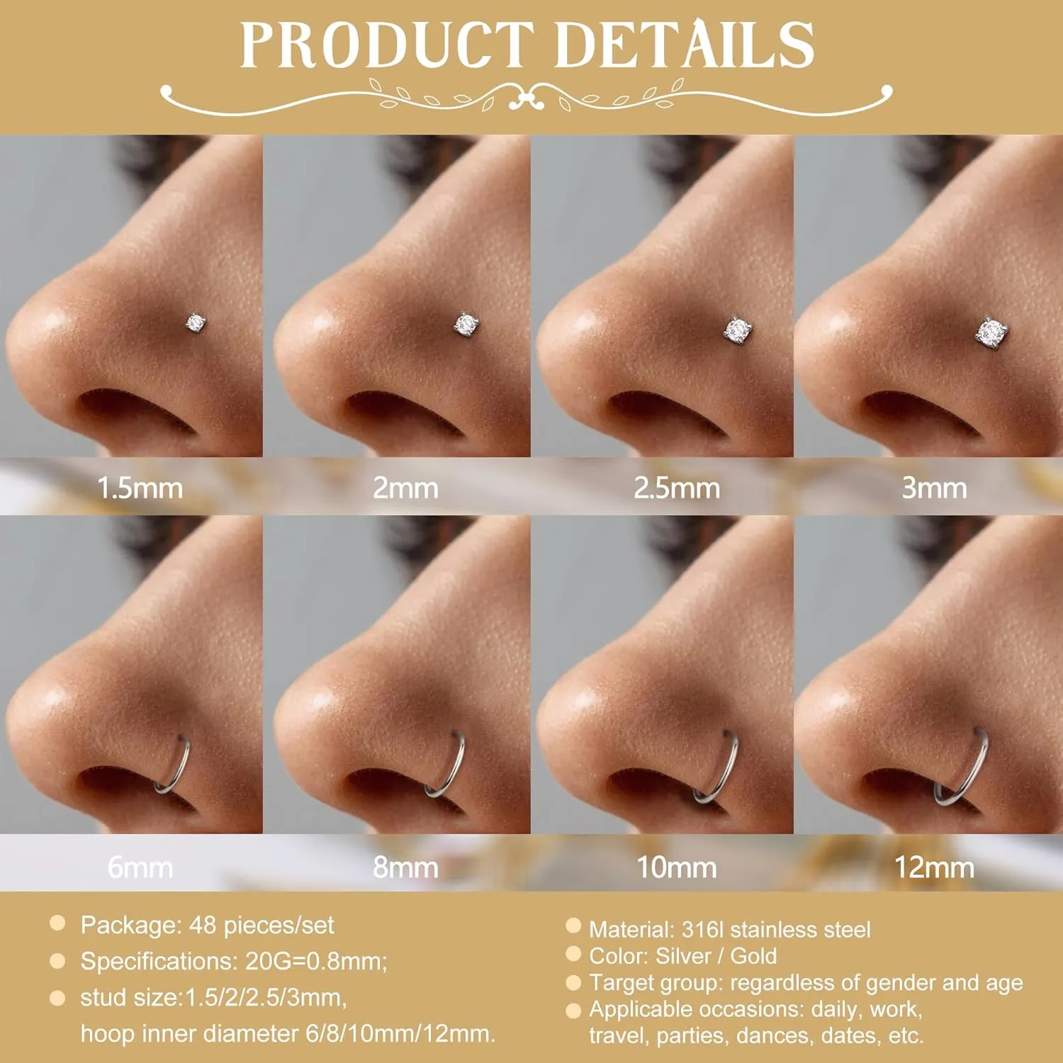 FINREZIO 48 Pcs 20G Nose Rings for Women Men 316L Stainless Steel Hypoallergenic L Shape Nose Studs Nostril Cartilage Lip Tragus Rings - Stylish Body Piercing Jewelry, Comfortable
