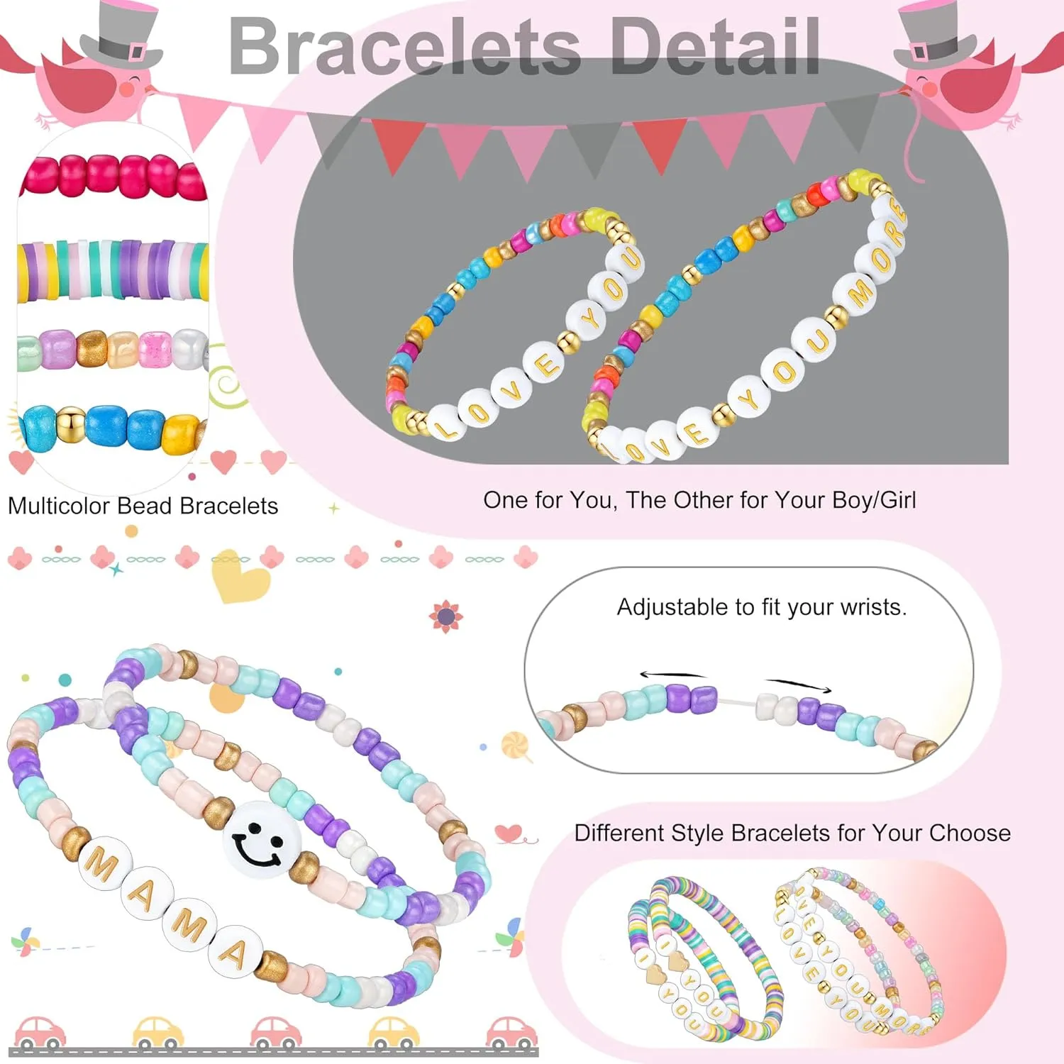 First Day of School Gifts Matching Bracelets for Women Girls Mother and Daughter Beaded Bracelet Multicolor Bead Stretch Back to School Gift I Love You Engraved Christmas Birthday Jewelry